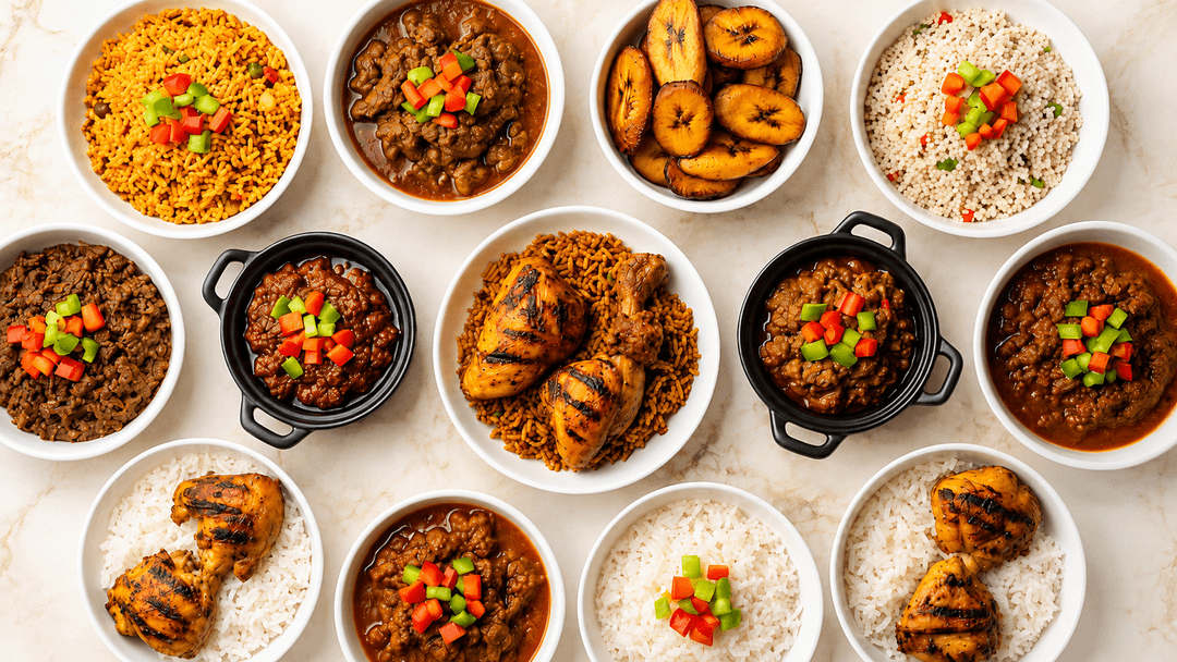 A spread of West African and Caribbean dishes: jollof rice, jerk chicken, stews and plantain